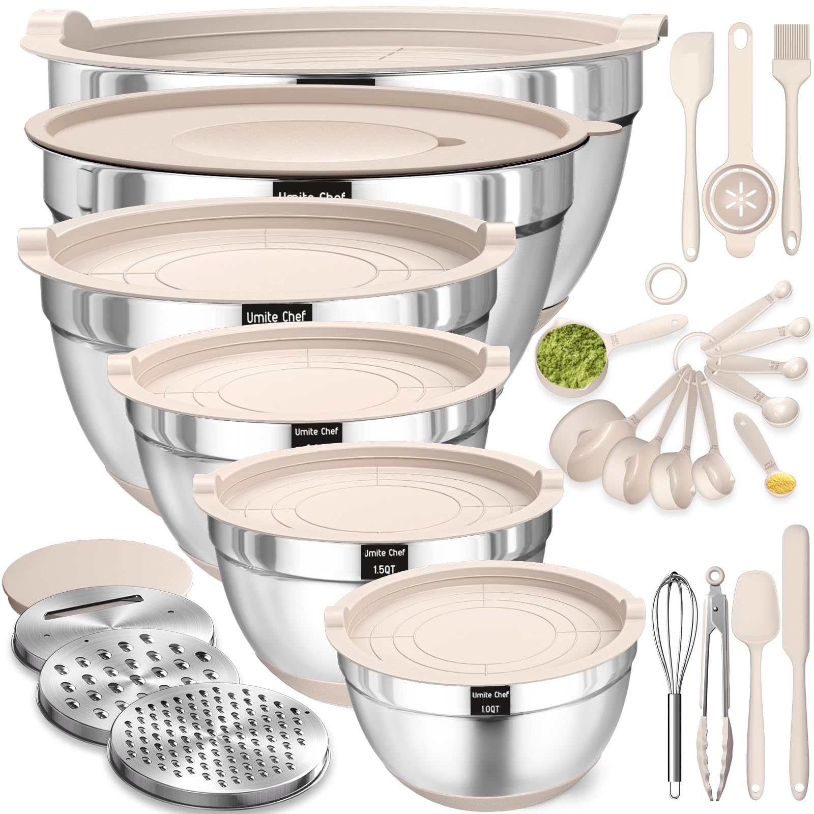 Mixing Bowls Set 26-Piece Stainless Steel with Airtight Lids and Grater Attachments